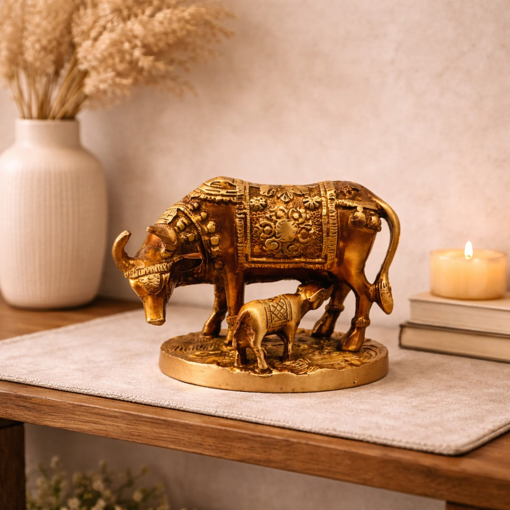 Brass Kamadhenu Cow & Calf Idol