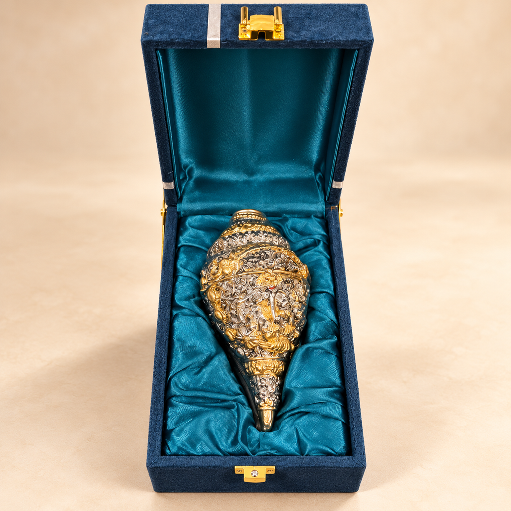 Premium Gold & Silver Finish Engraved Shankh (Conch Shell) with Luxury Velvet Gift Box – 5 Inches