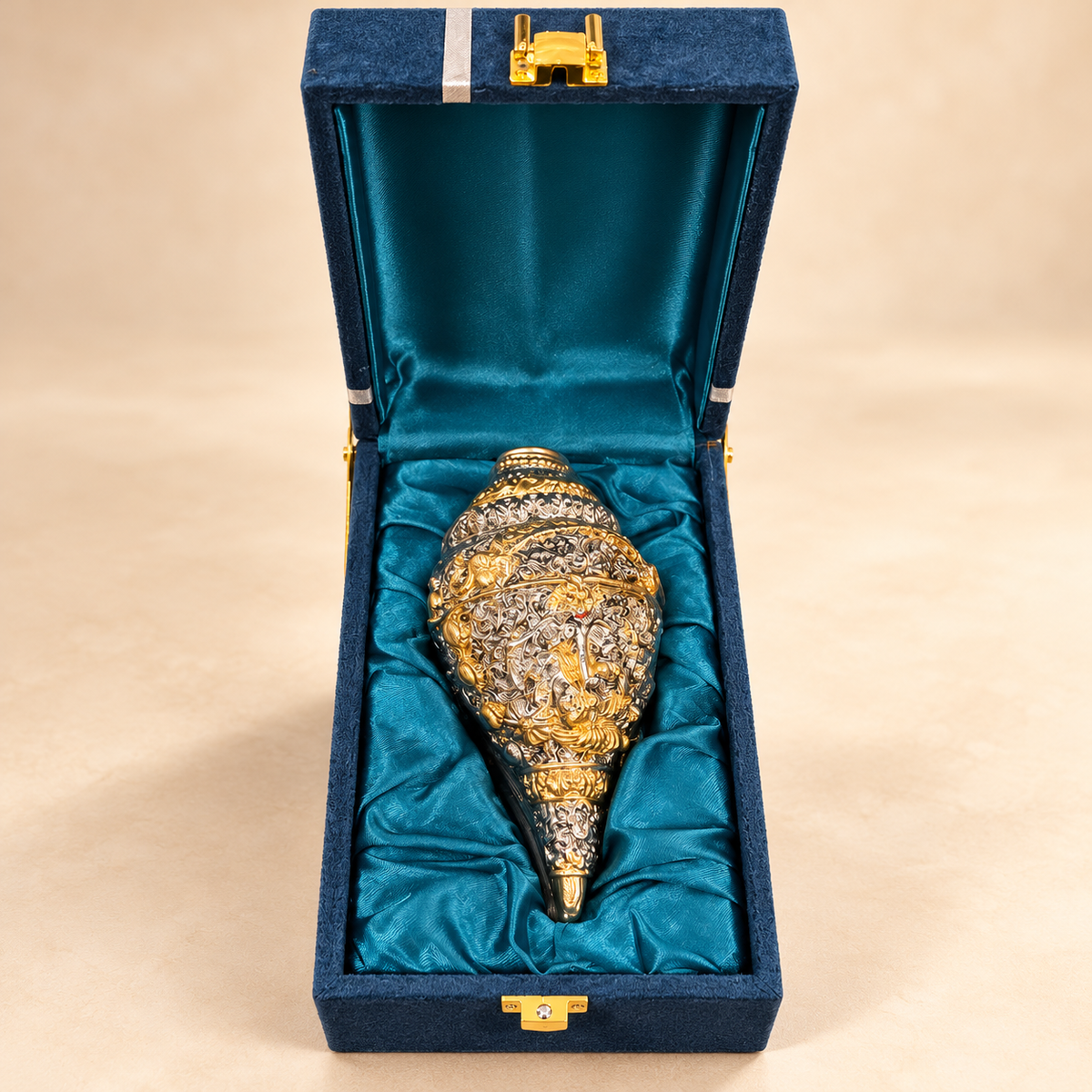 Premium Gold & Silver Finish Engraved Shankh (Conch Shell) with Luxury Velvet Gift Box – 5 Inches
