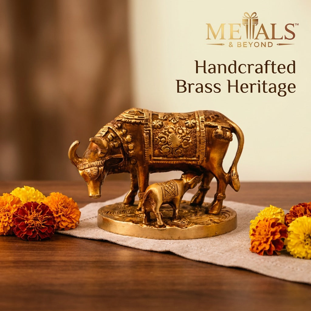 Brass Kamadhenu Cow & Calf Idol