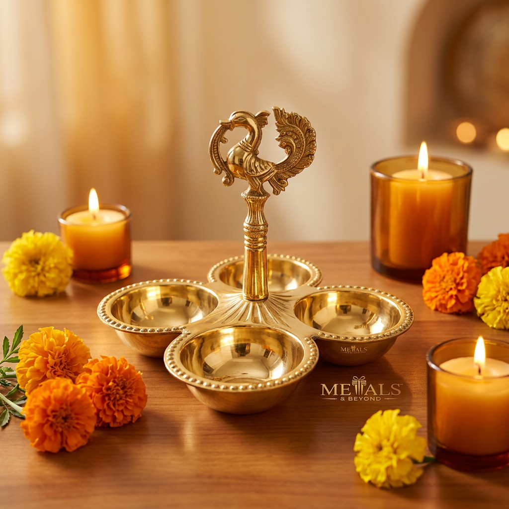 Brass Chopda Kumkum Holder with Peacock Handle (4-Compartment with Spoon)