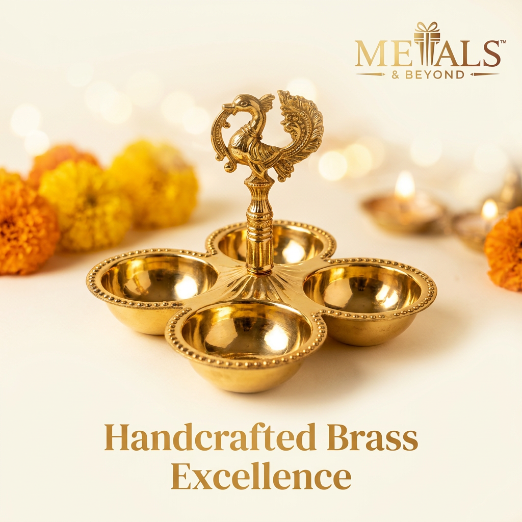 Brass Chopda Kumkum Holder with Peacock Handle (4-Compartment with Spoon)