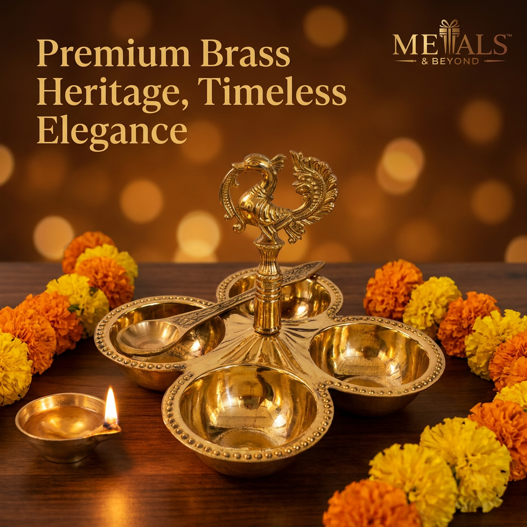 Brass Chopda Kumkum Holder with Peacock Handle (4-Compartment with Spoon)