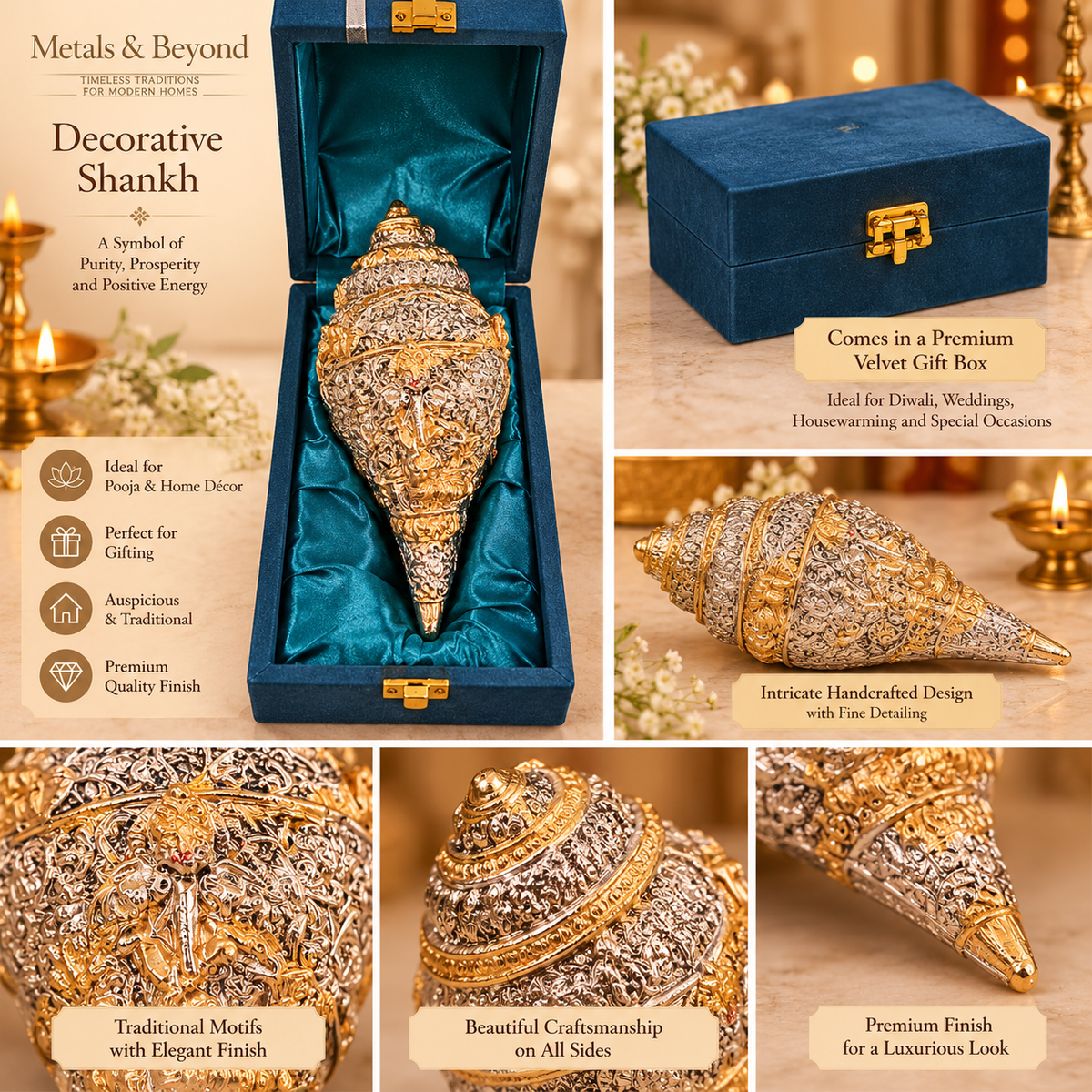 Premium Gold & Silver Finish Engraved Shankh (Conch Shell) with Luxury Velvet Gift Box – 5 Inches