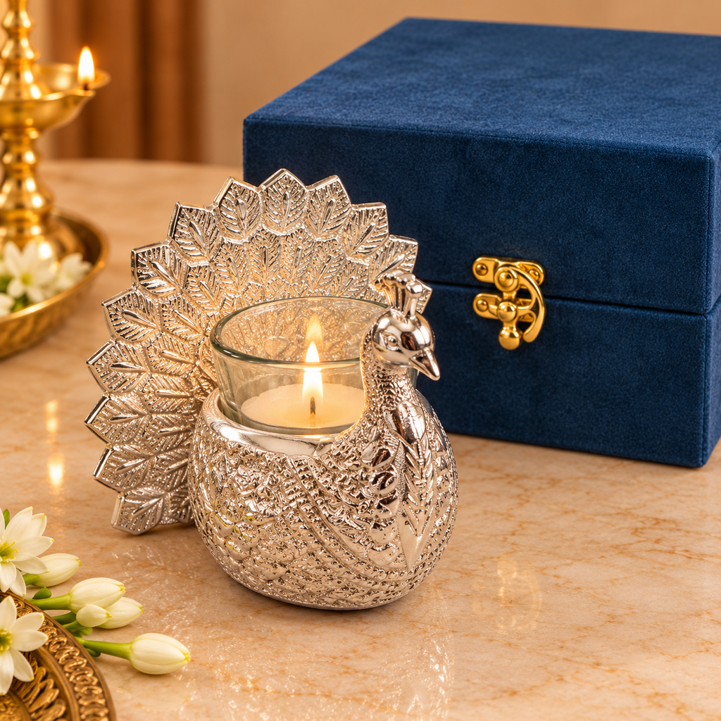 Premium Silver-Finish Peacock Tealight Candle Holder with Decorative Gift Box
