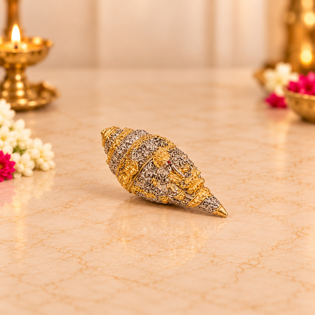 Premium Gold & Silver Finish Engraved Shankh (Conch Shell) with Luxury Velvet Gift Box – 5 Inches