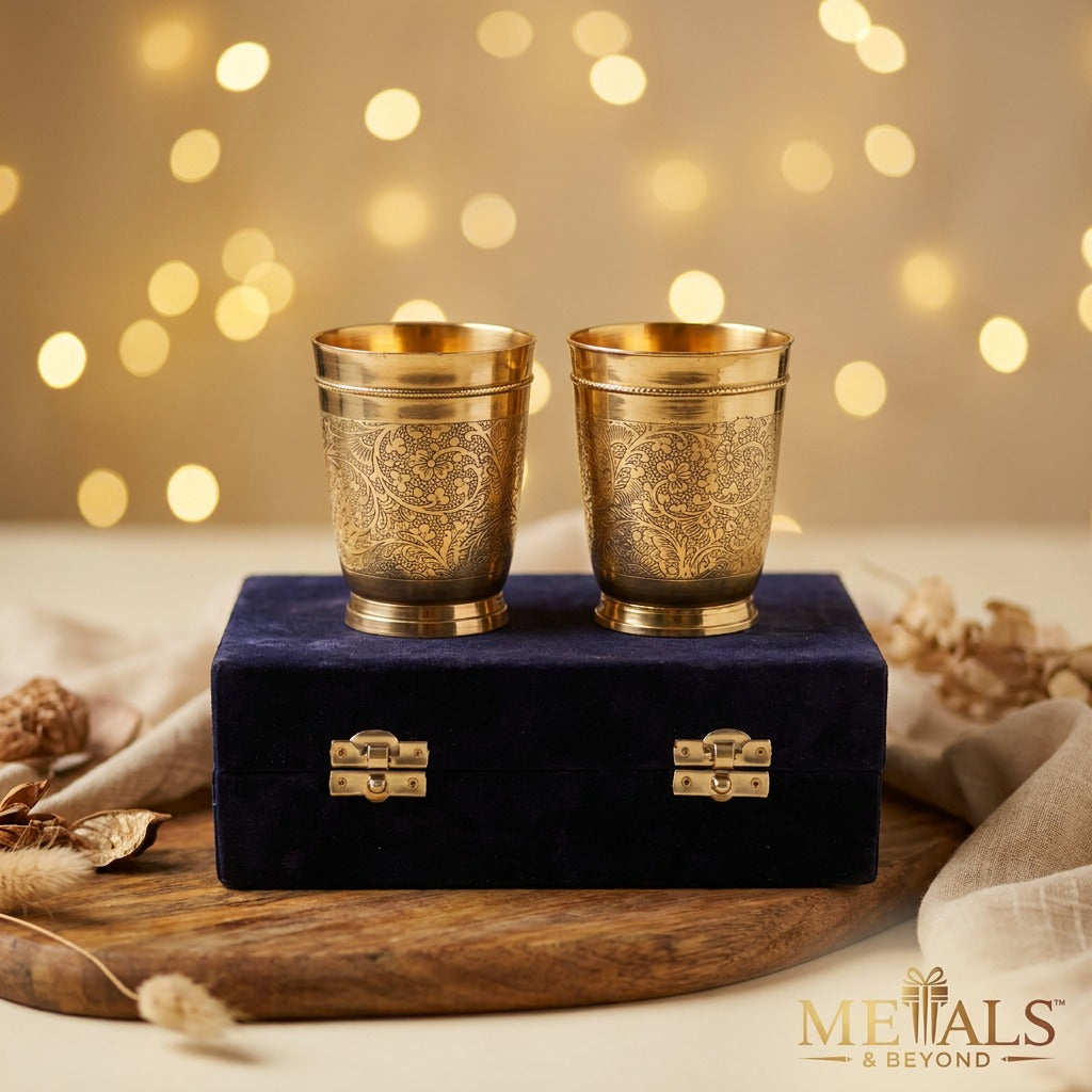 Golden Finish Brass Engraved Glass (Set Of 2)