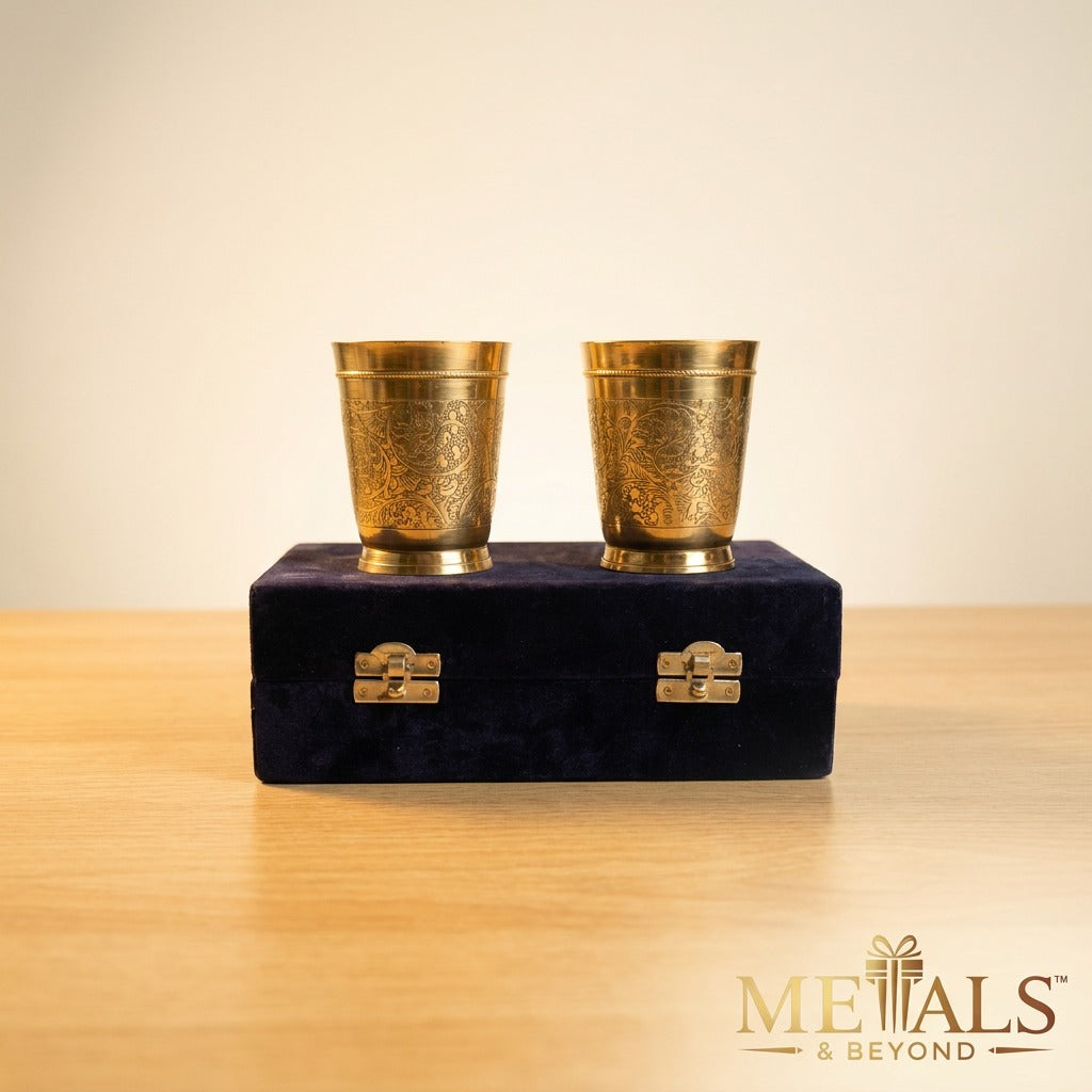 Golden Finish Brass Engraved Glass (Set Of 2)
