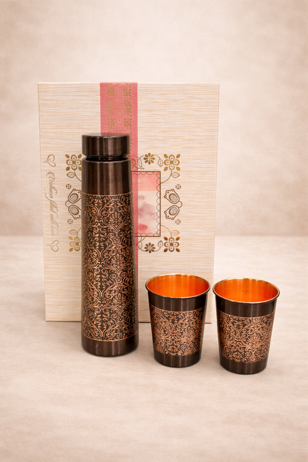 Luxury Engraved Antique Copper Water Bottle Set – Premium Gift Set (950ml)