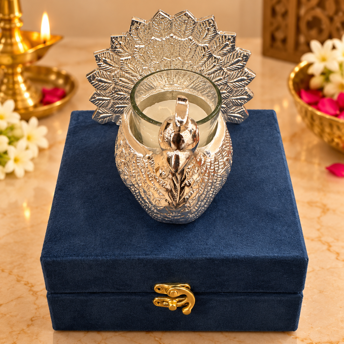 Premium Silver-Finish Peacock Tealight Candle Holder with Decorative Gift Box