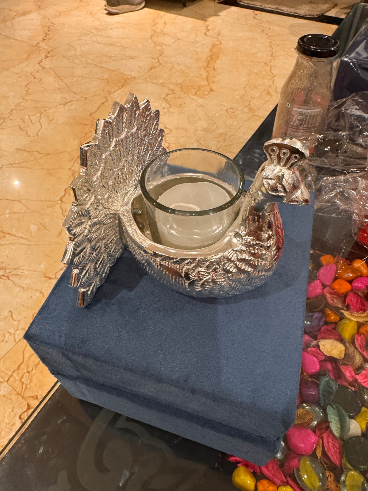 Premium Silver-Finish Peacock Tealight Candle Holder with Decorative Gift Box