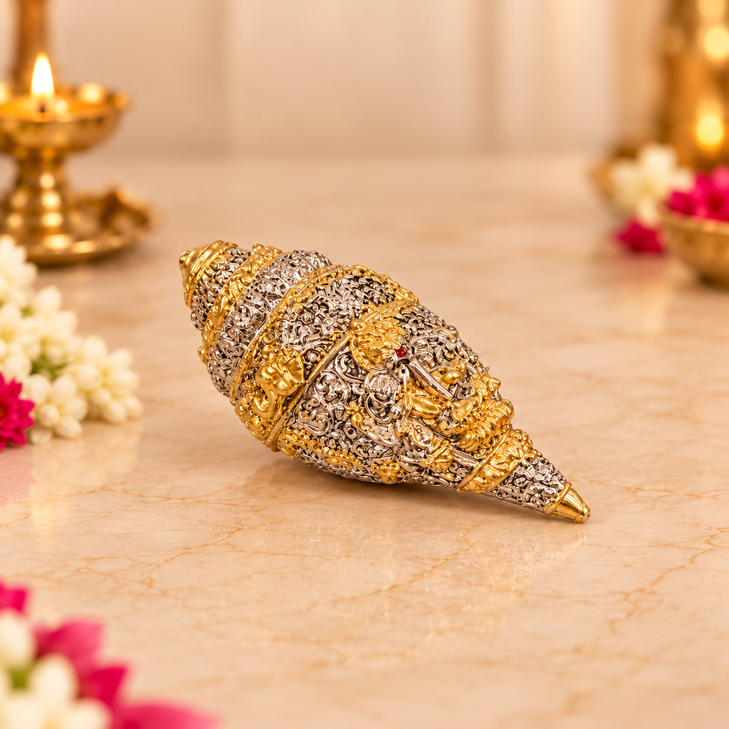 Premium Gold & Silver Finish Engraved Shankh (Conch Shell) with Luxury Velvet Gift Box – 5 Inches
