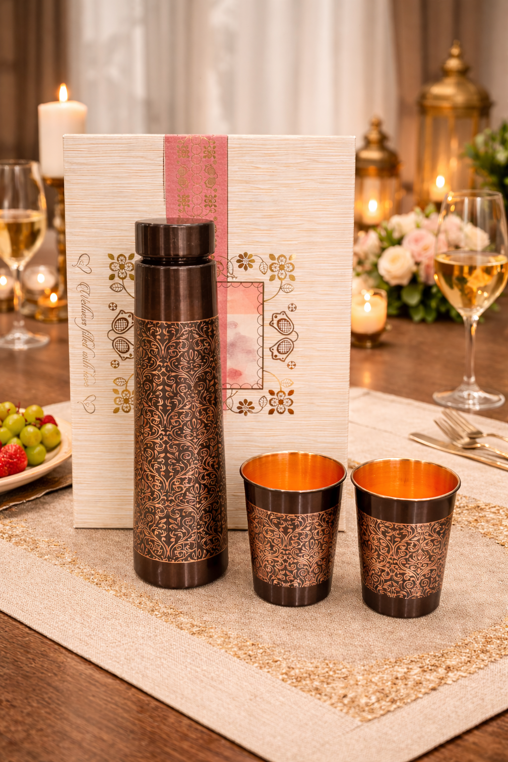 Luxury Engraved Antique Copper Water Bottle Set – Premium Gift Set (950ml)