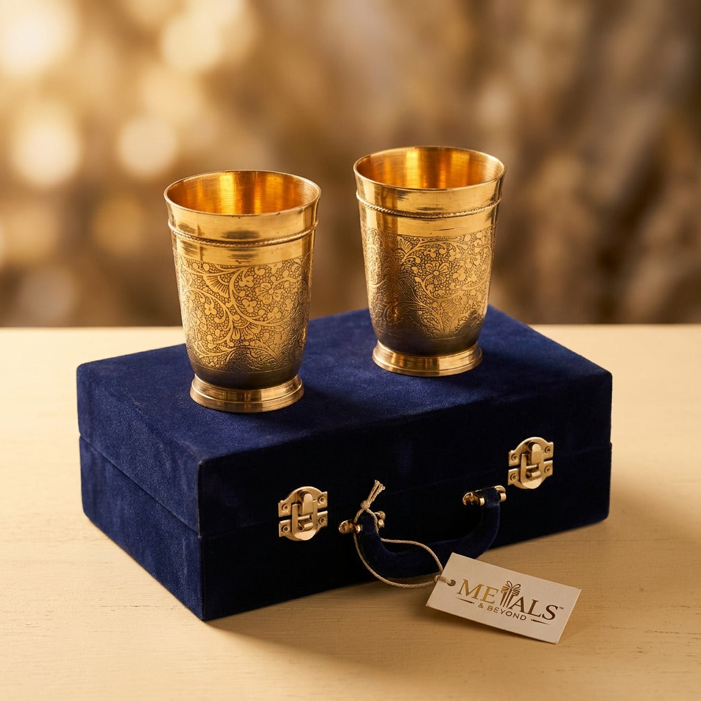 Golden Finish Brass Engraved Glass (Set Of 2)
