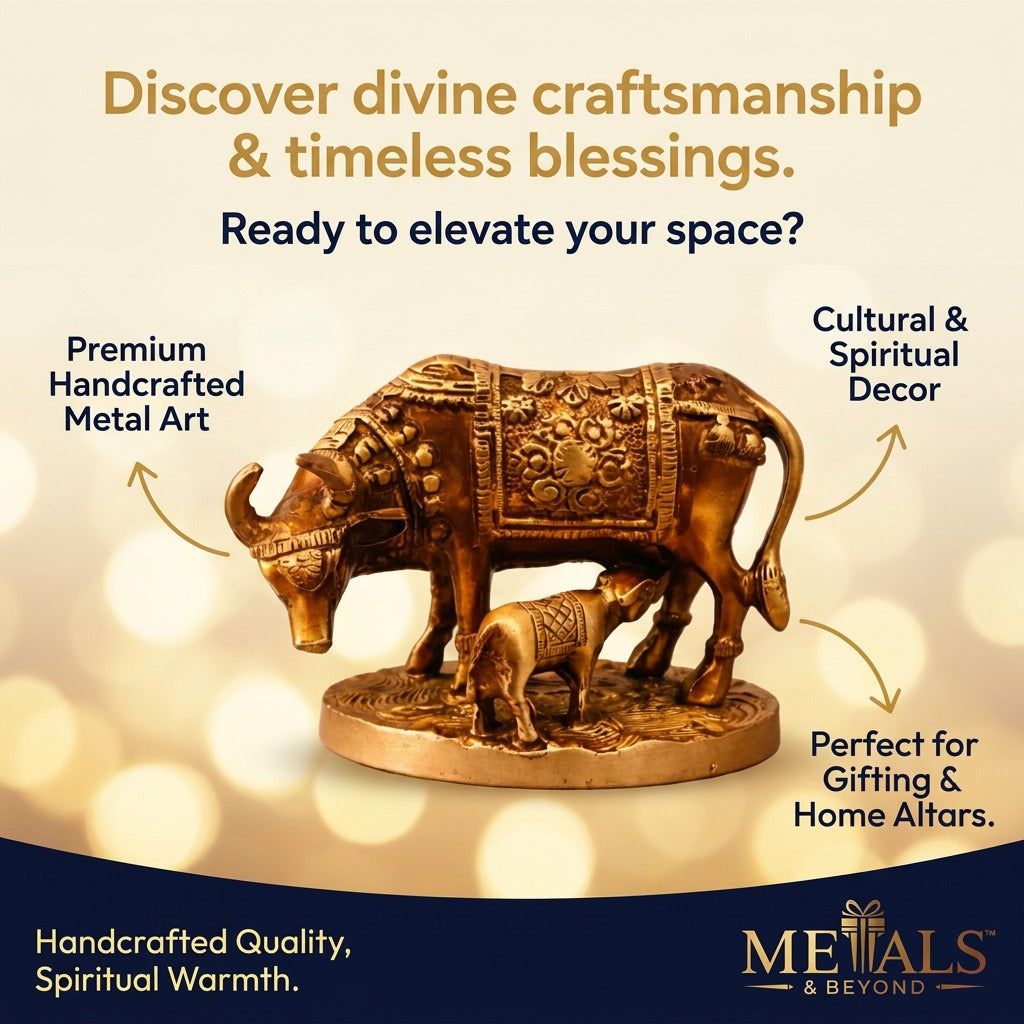 Brass Kamadhenu Cow & Calf Idol