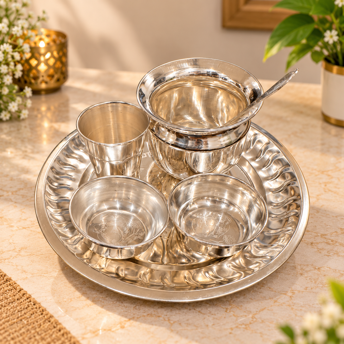 Silver-Plated Radha Krishna Bhog Thali Set – 6-Piece Pooja & Gifting Set
