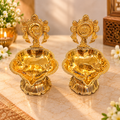 Golden Finish Brass Designer Akhand Diya with Ornate Handle (Set of 2)
