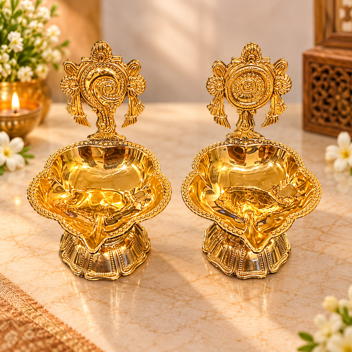 Golden Finish Brass Designer Akhand Diya with Ornate Handle (Set of 2)