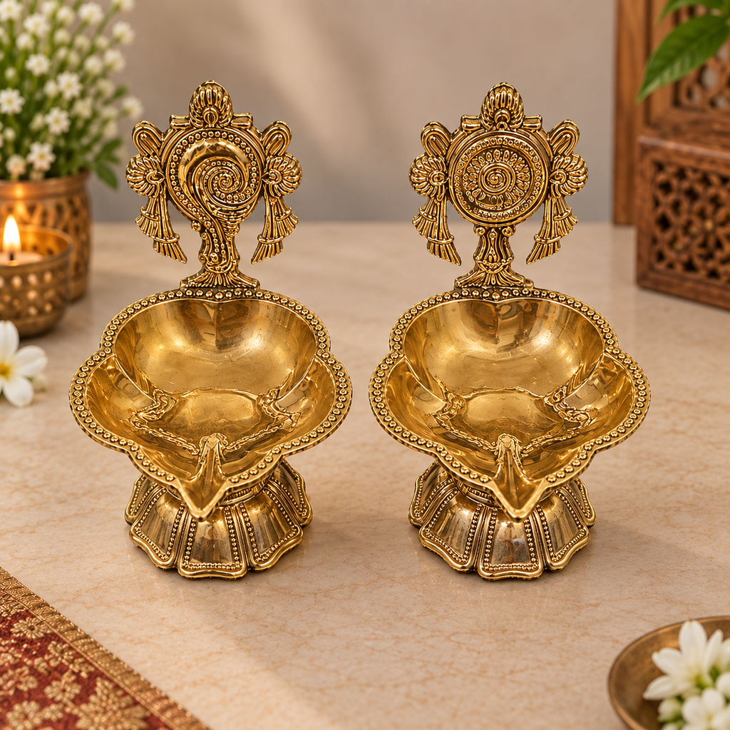 Golden Finish Brass Designer Akhand Diya with Ornate Handle (Set of 2)