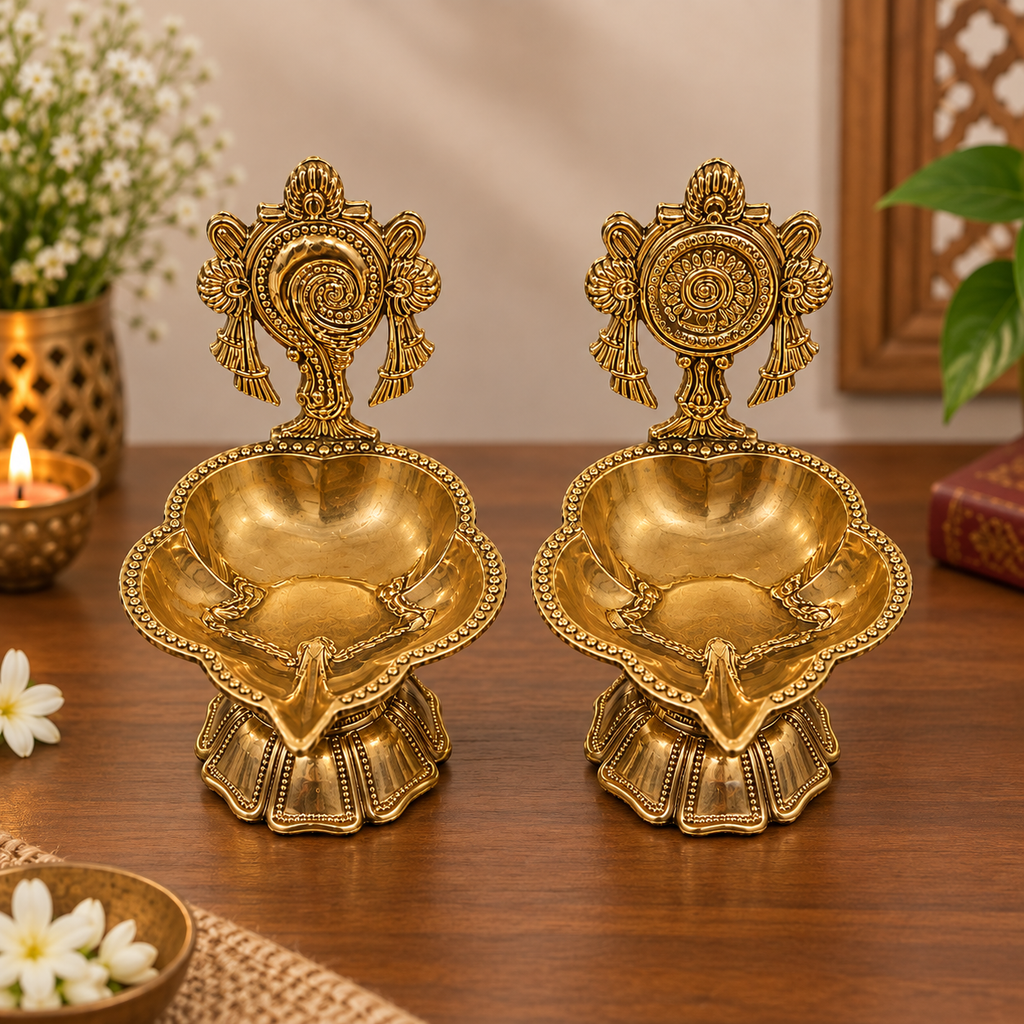 Golden Finish Brass Designer Akhand Diya with Ornate Handle (Set of 2)