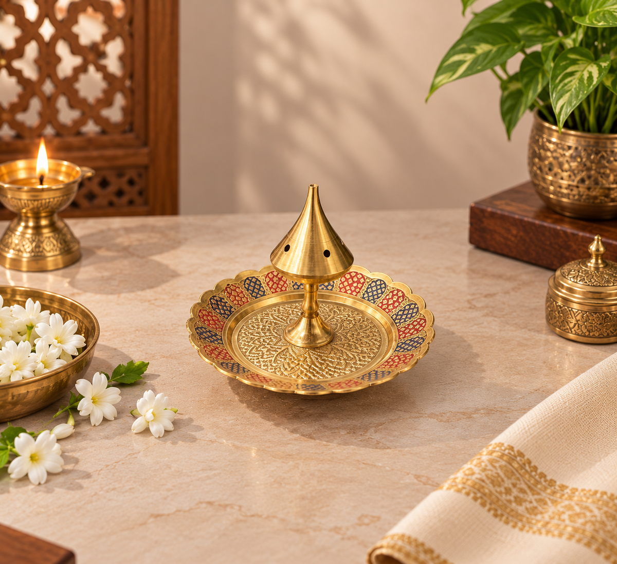 Brass Dhoop Dani with Engraved Meenakari Plate – Incense Cone Burner