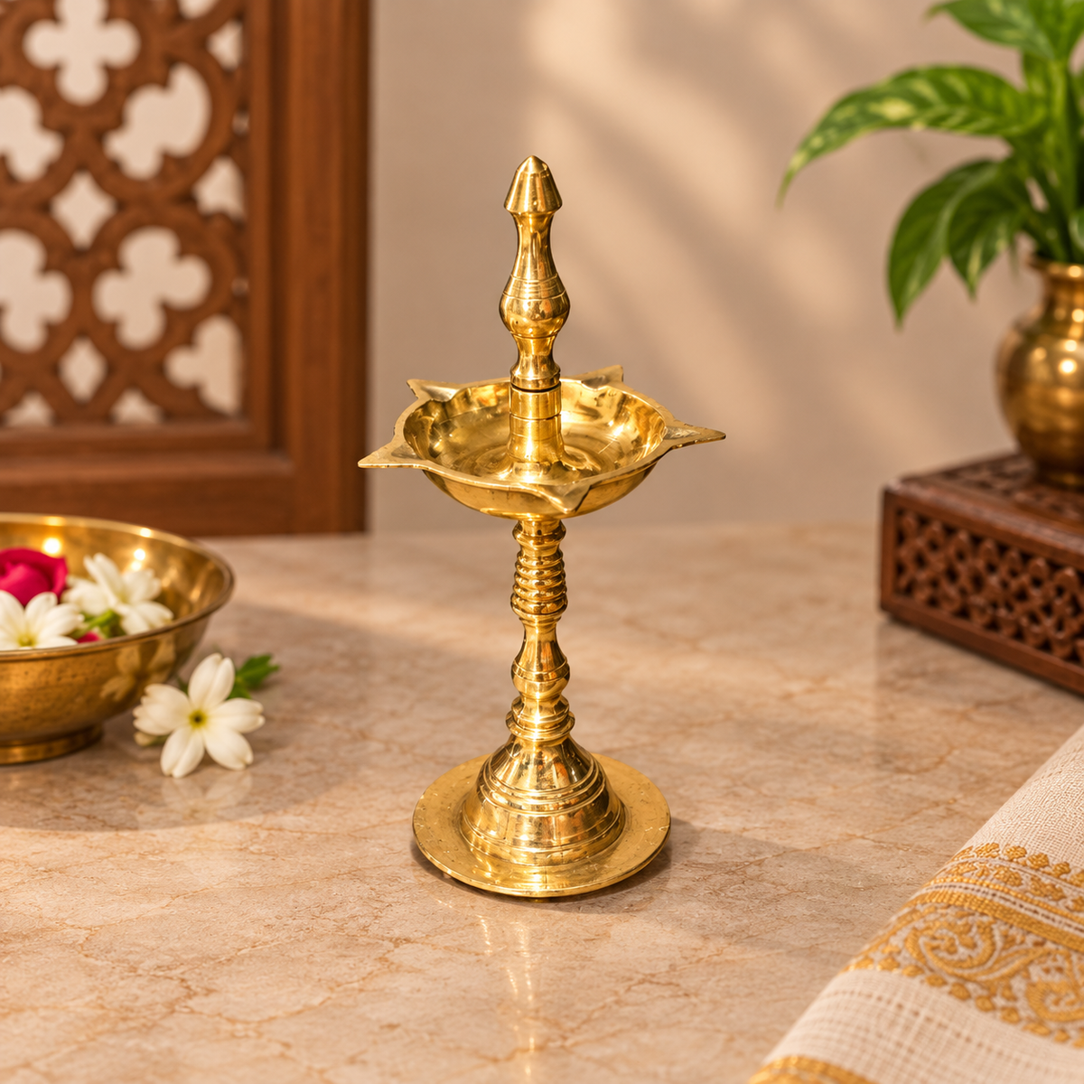Brass Samai Oil Lamp – Traditional Pedestal Diya with Finial