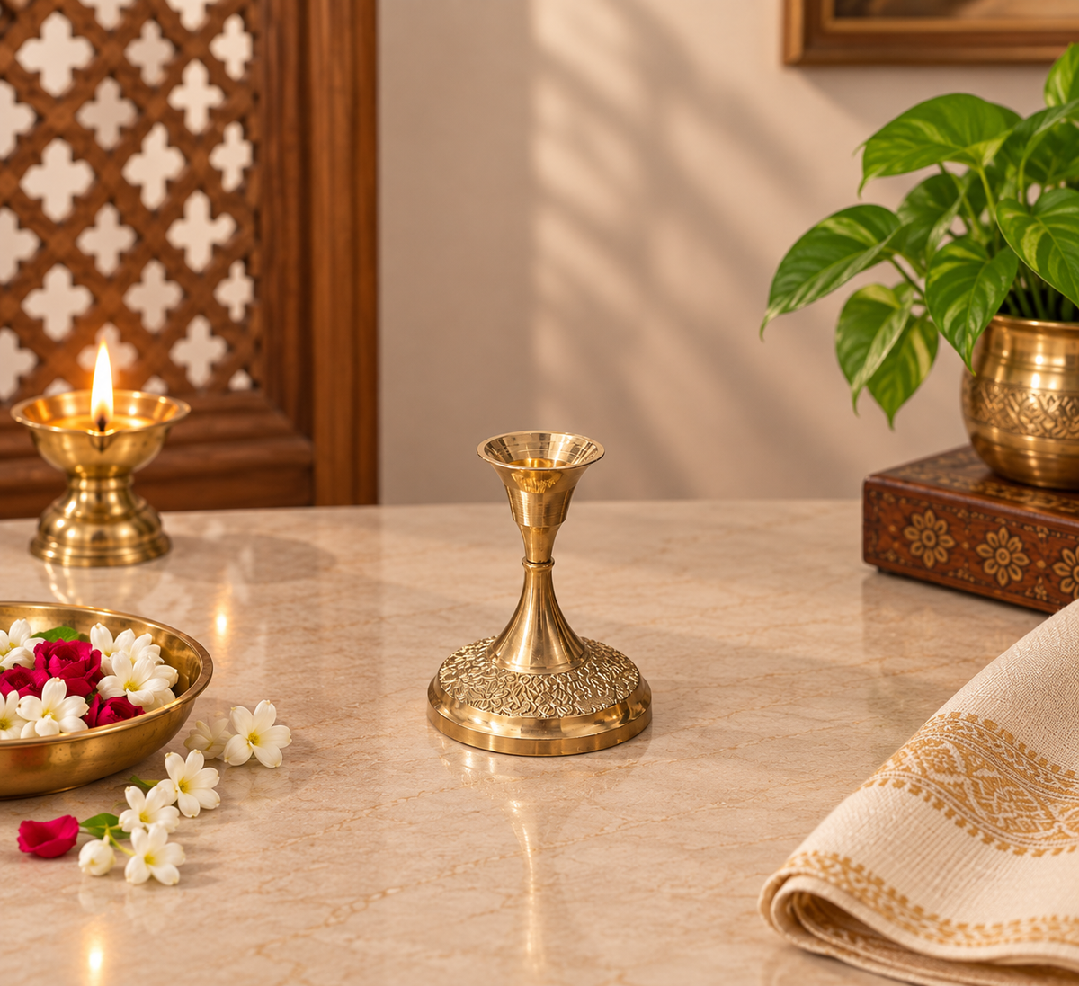 Golden Finish Brass Candle Stand with Engraved Base