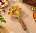Engraved Brass Flower-Shaped 6-Wick Aarti Diya with Wooden Handle