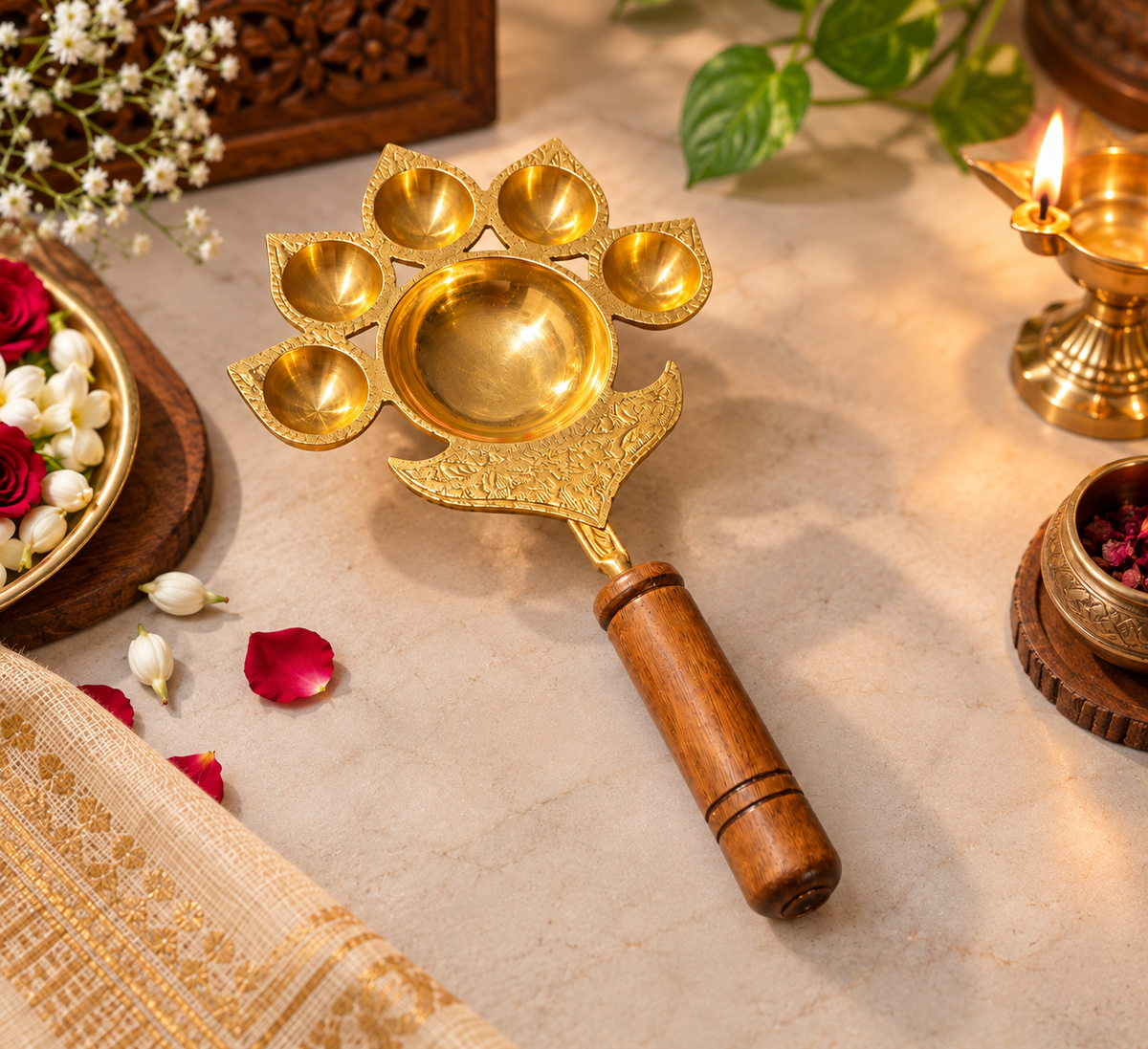 Engraved Brass Flower-Shaped 6-Wick Aarti Diya with Wooden Handle