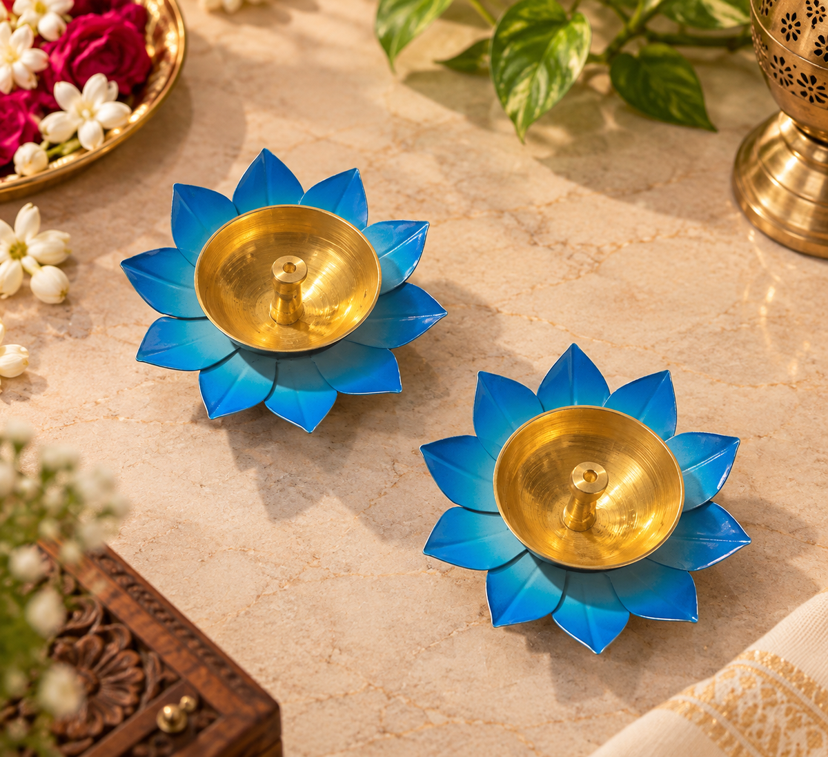 Blue Enamel Lotus-Shaped Brass Diya (Set of 2)