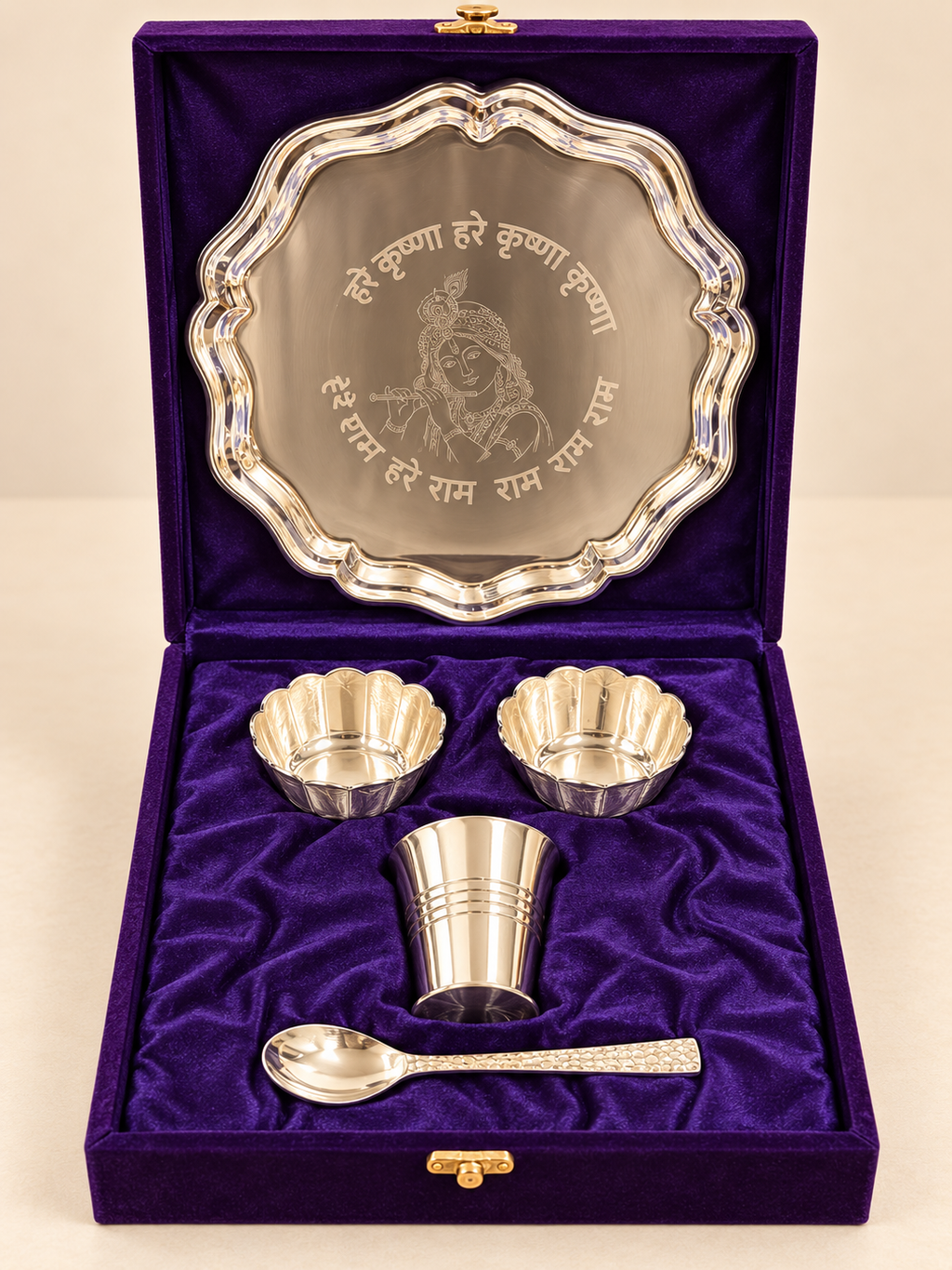 Silver-Plated Krishna Pooja Thali Set – 8 Inch with Premium Gift Box