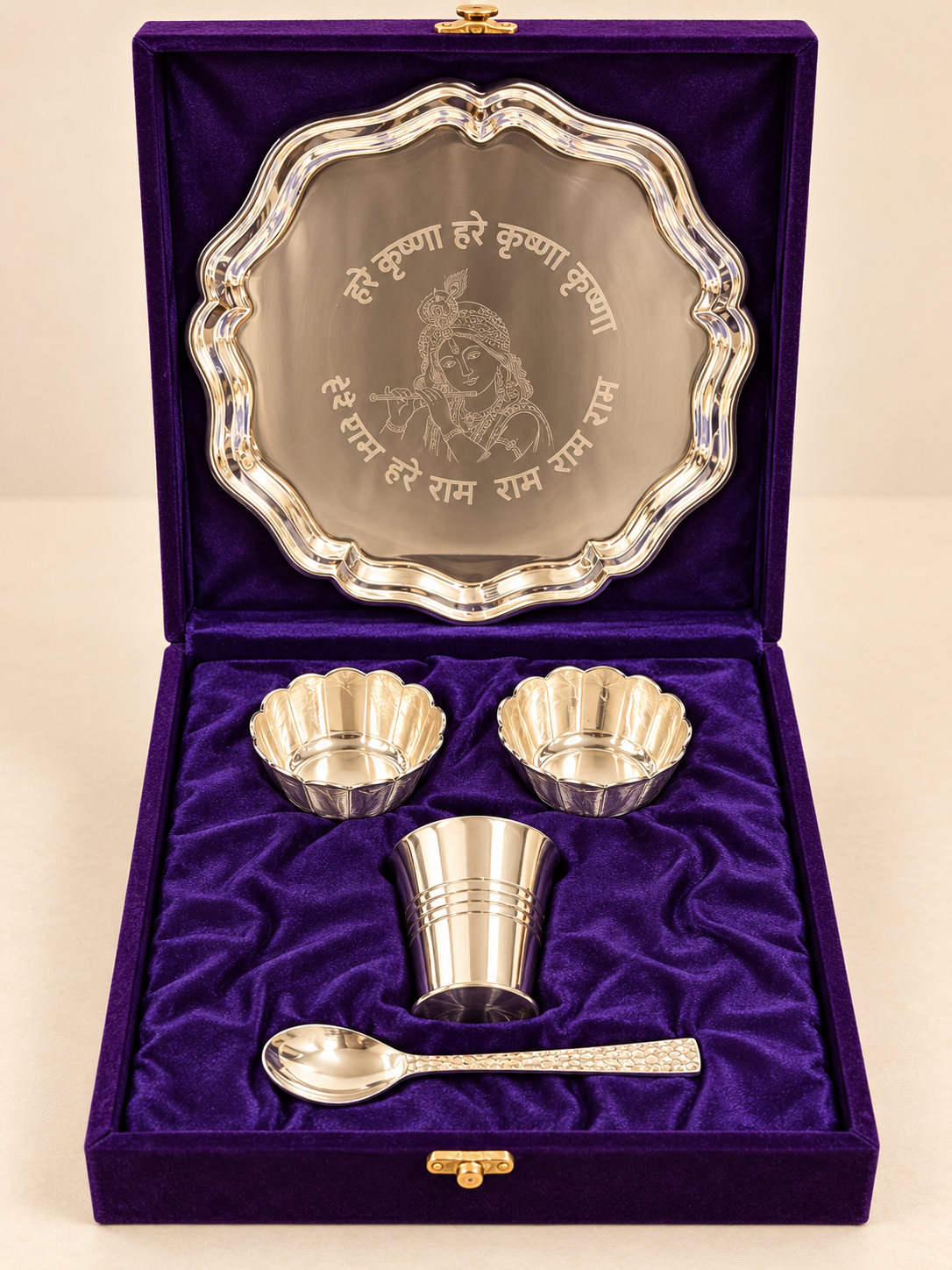 Silver-Plated Krishna Pooja Thali Set – 8 Inch with Premium Gift Box