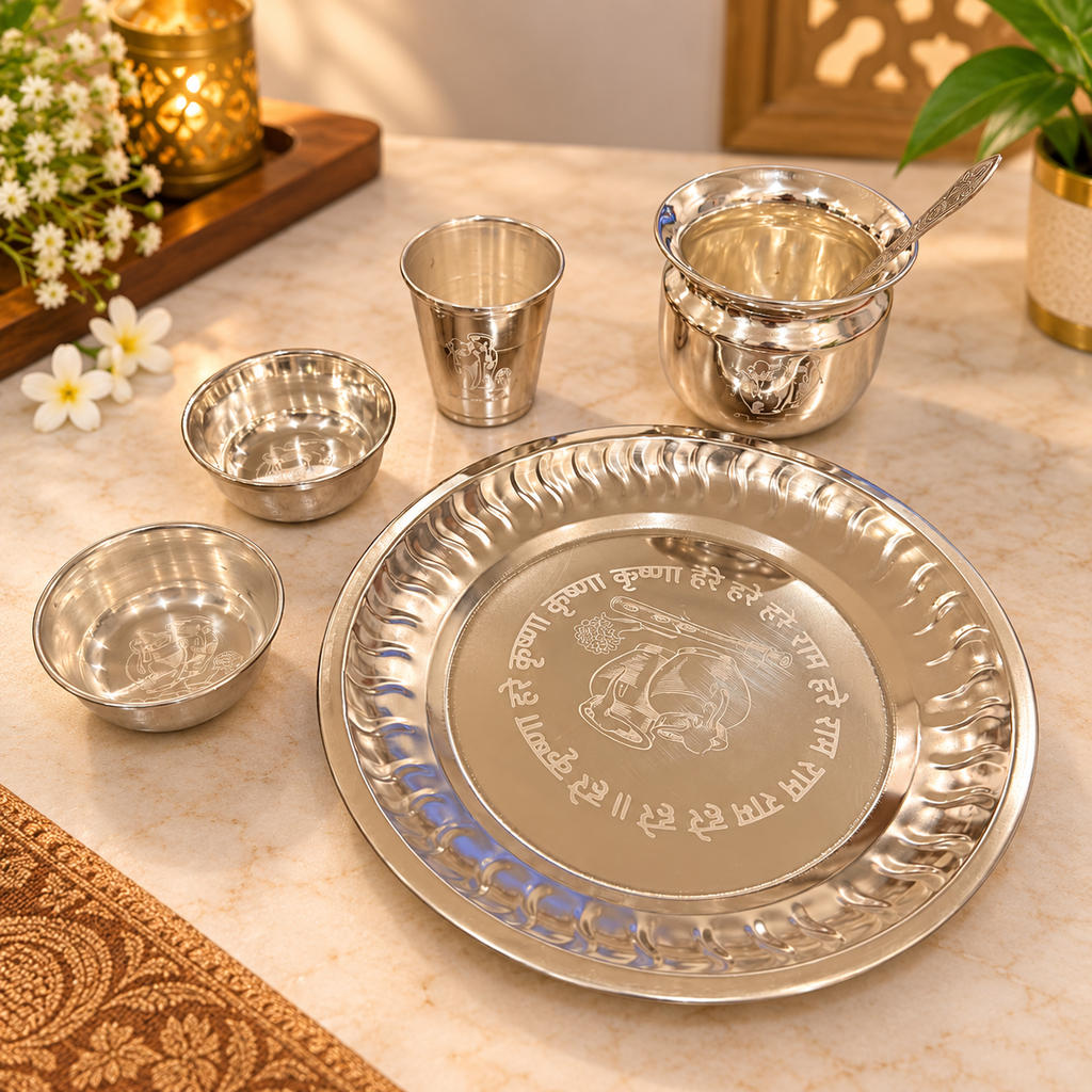 Silver-Plated Radha Krishna Bhog Thali Set – 6-Piece Pooja & Gifting Set