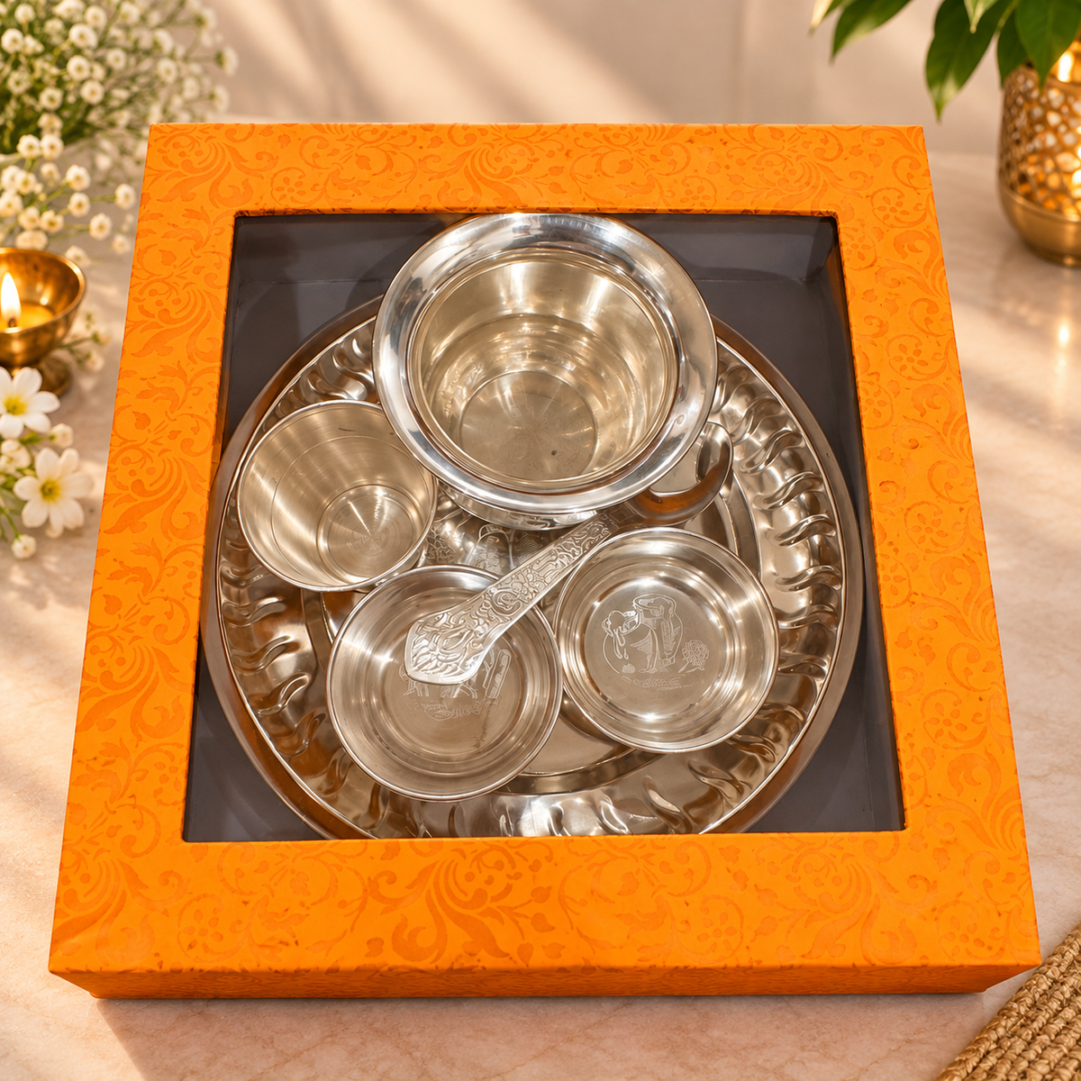 Silver-Plated Radha Krishna Bhog Thali Set – 6-Piece Pooja & Gifting Set