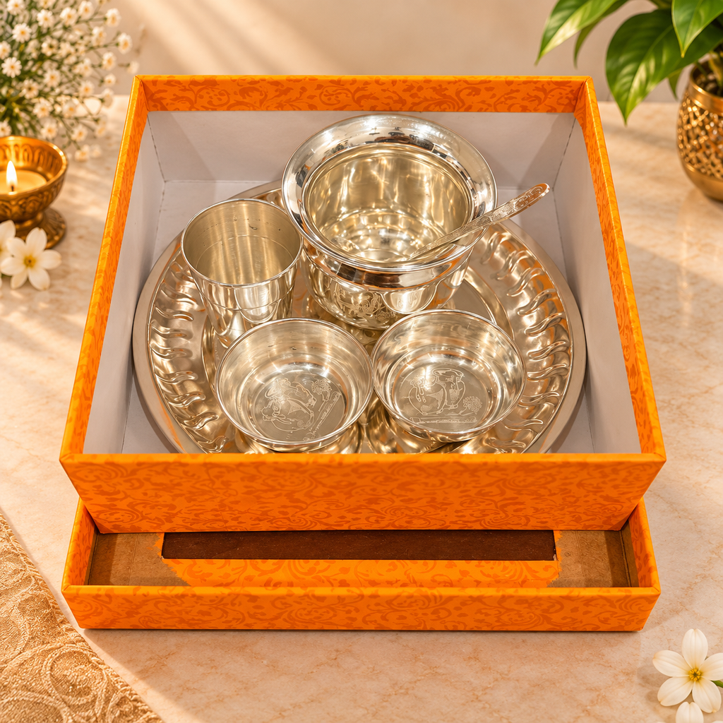 Silver-Plated Radha Krishna Bhog Thali Set – 6-Piece Pooja & Gifting Set