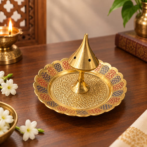 Brass Dhoop Dani with Engraved Meenakari Plate – Incense Cone Burner
