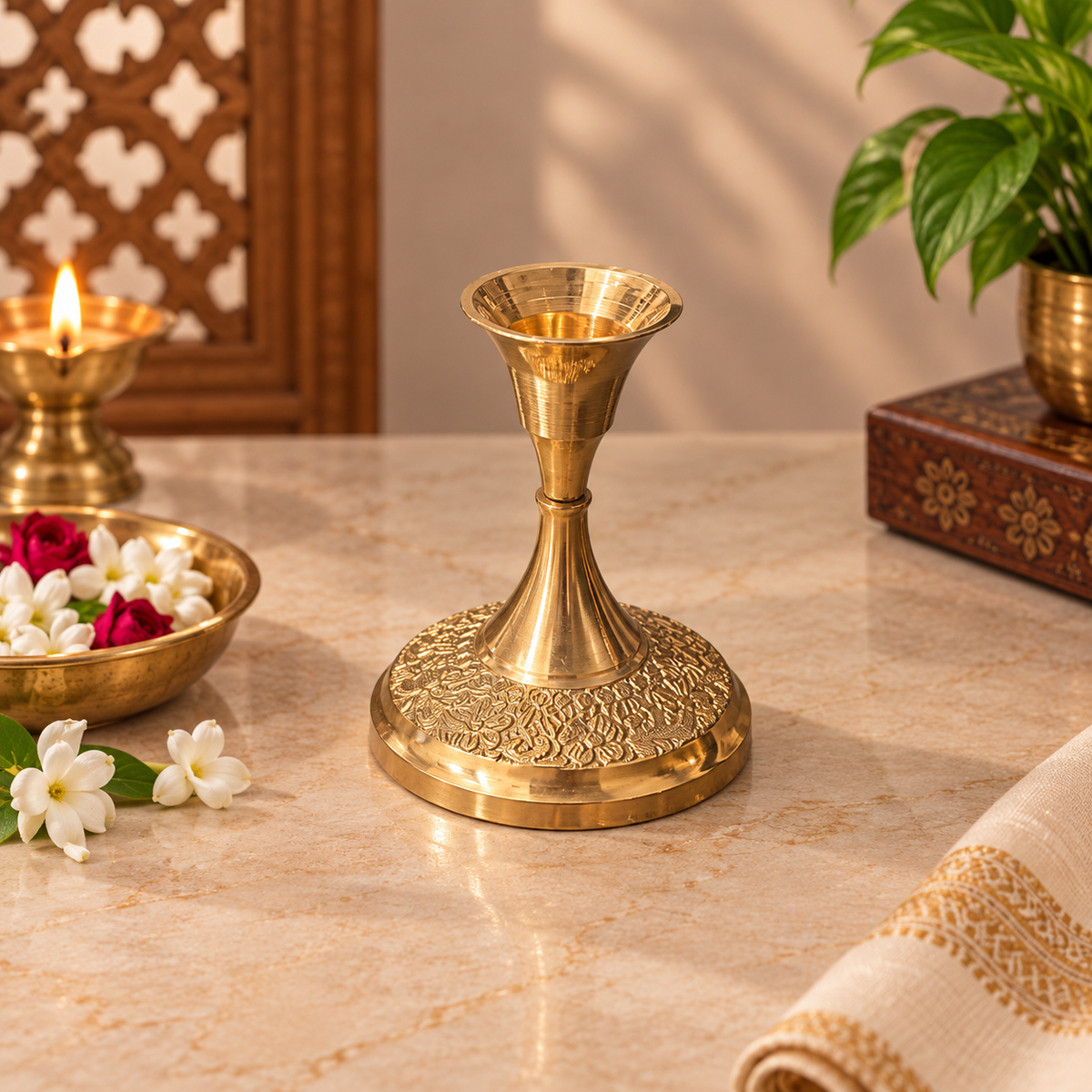 Golden Finish Brass Candle Stand with Engraved Base