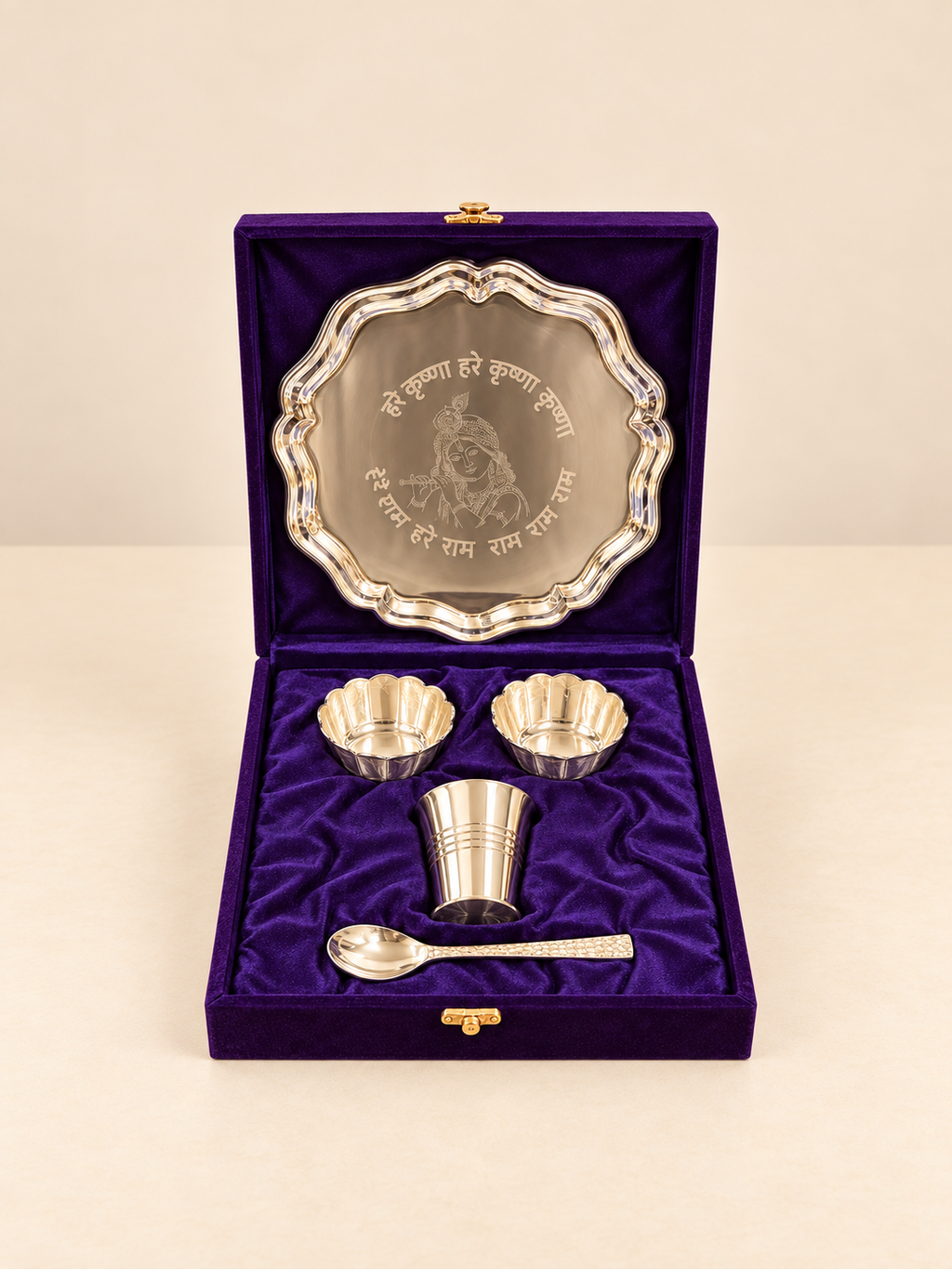 Silver-Plated Krishna Pooja Thali Set – 8 Inch with Premium Gift Box
