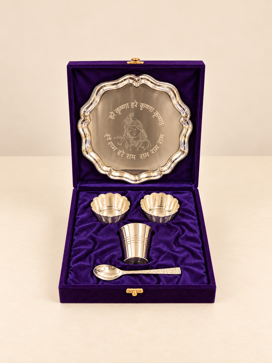 Silver-Plated Krishna Pooja Thali Set – 8 Inch with Premium Gift Box
