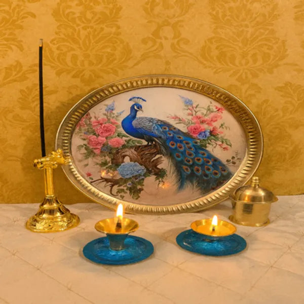 Blue Poojan Thali Set With Peacock Design