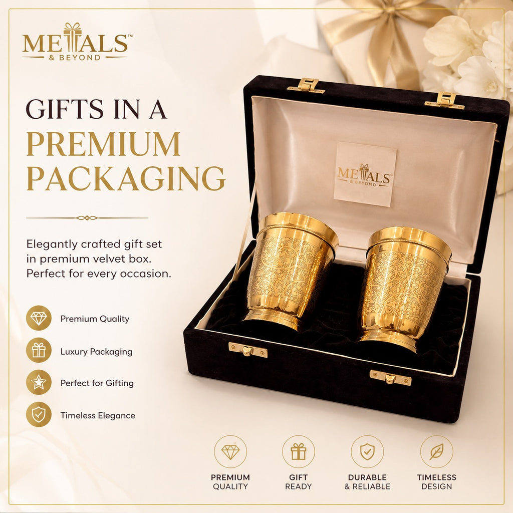 Golden Finish Brass Engraved Glass (Set Of 2)