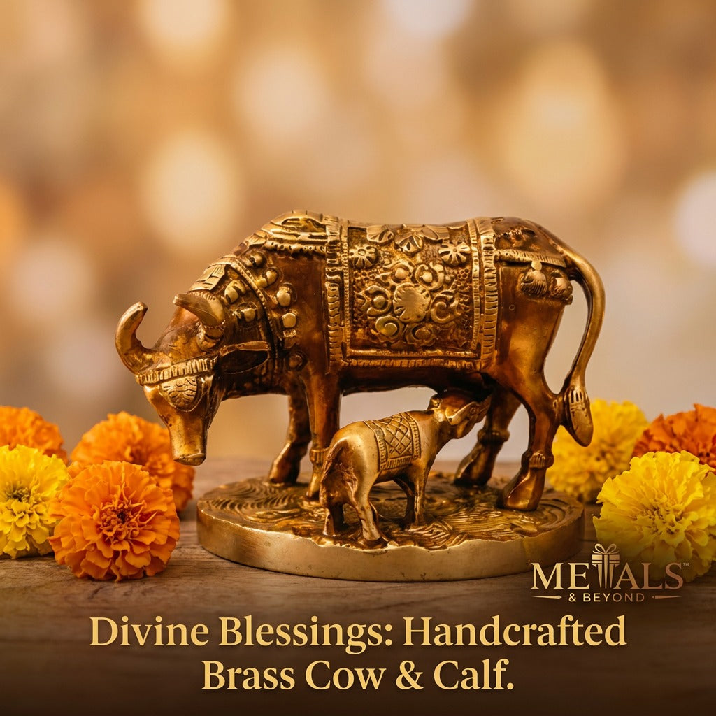 Brass Kamadhenu Cow & Calf Idol