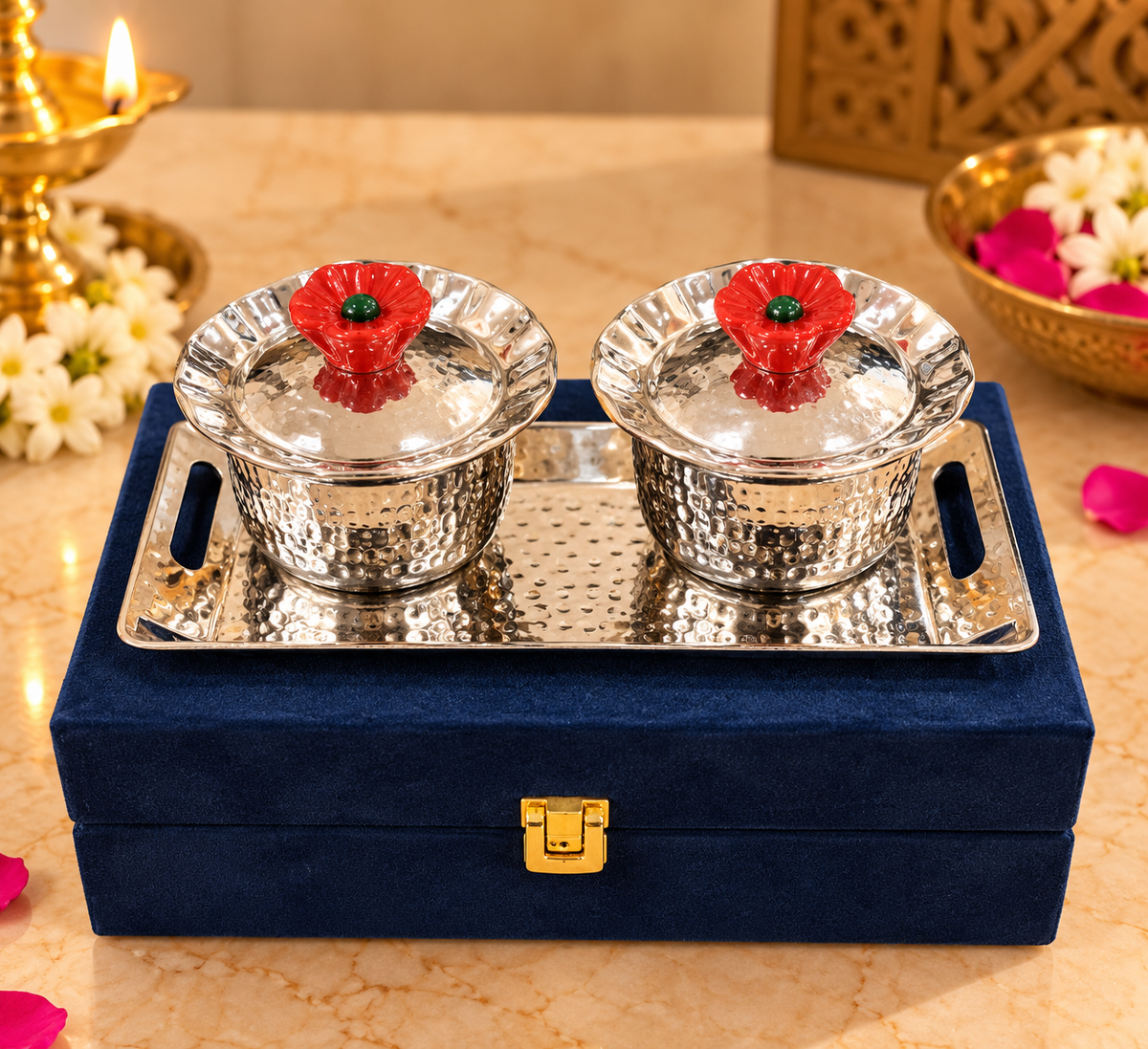 Premium Silver-Plated Hammered Bowl Set with Decorative Lids, Serving Tray & Velvet Gift Box