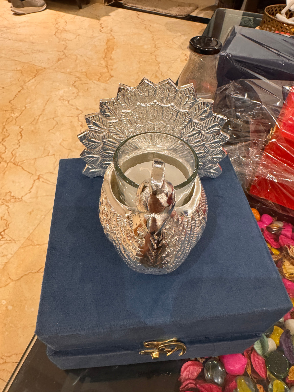 Premium Silver-Finish Peacock Tealight Candle Holder with Decorative Gift Box