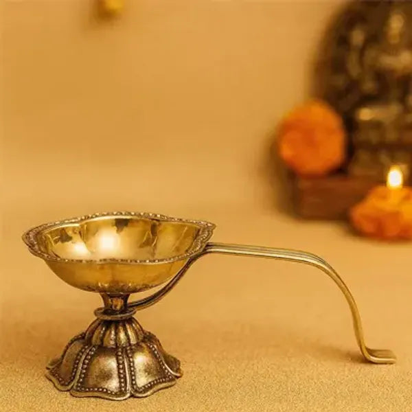 Golden Finish Brass Designer Diya With Handle