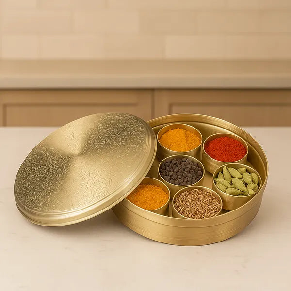 Golden Finish Masala Box-Engraved (9 Inches)