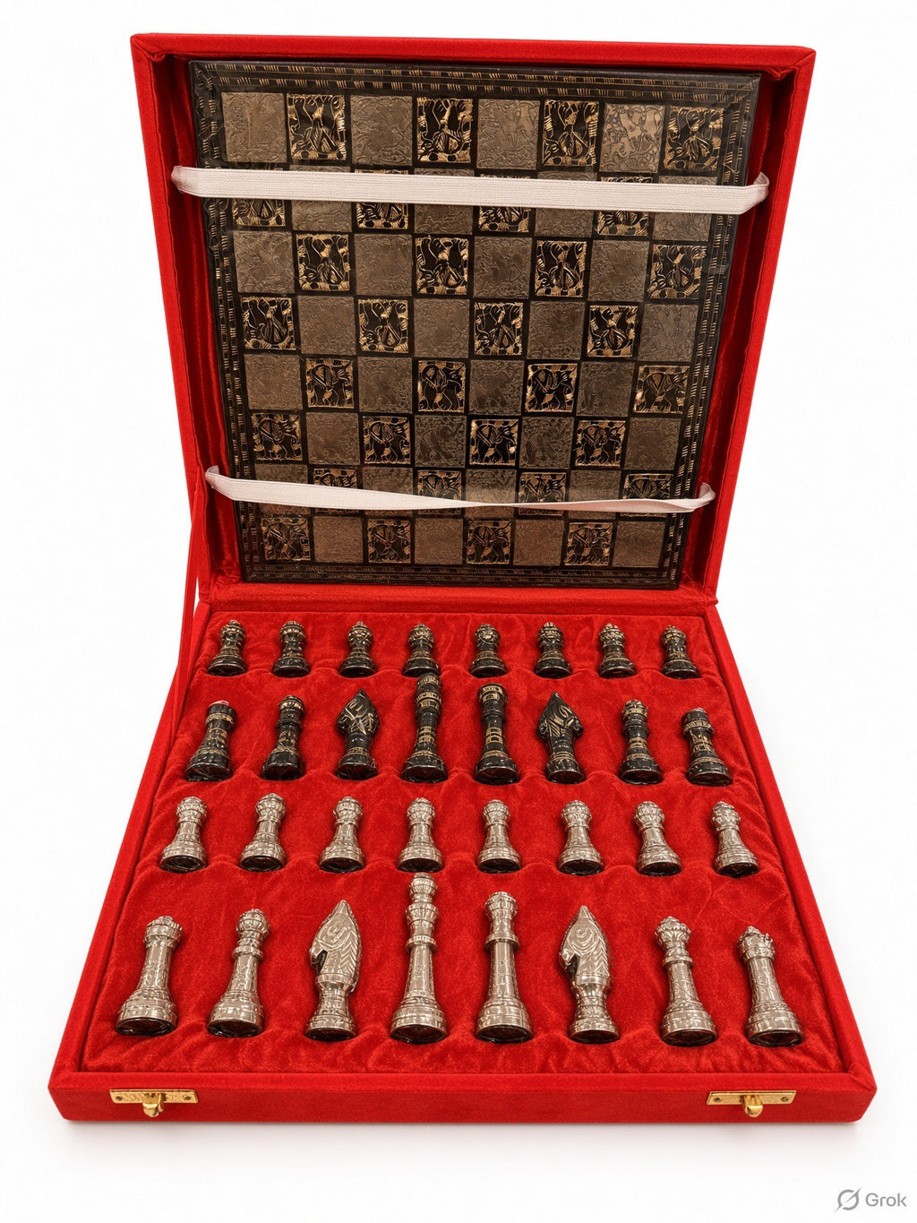 Premium Decorative Metallic Chess Set with Luxury Red Velvet Gift Box