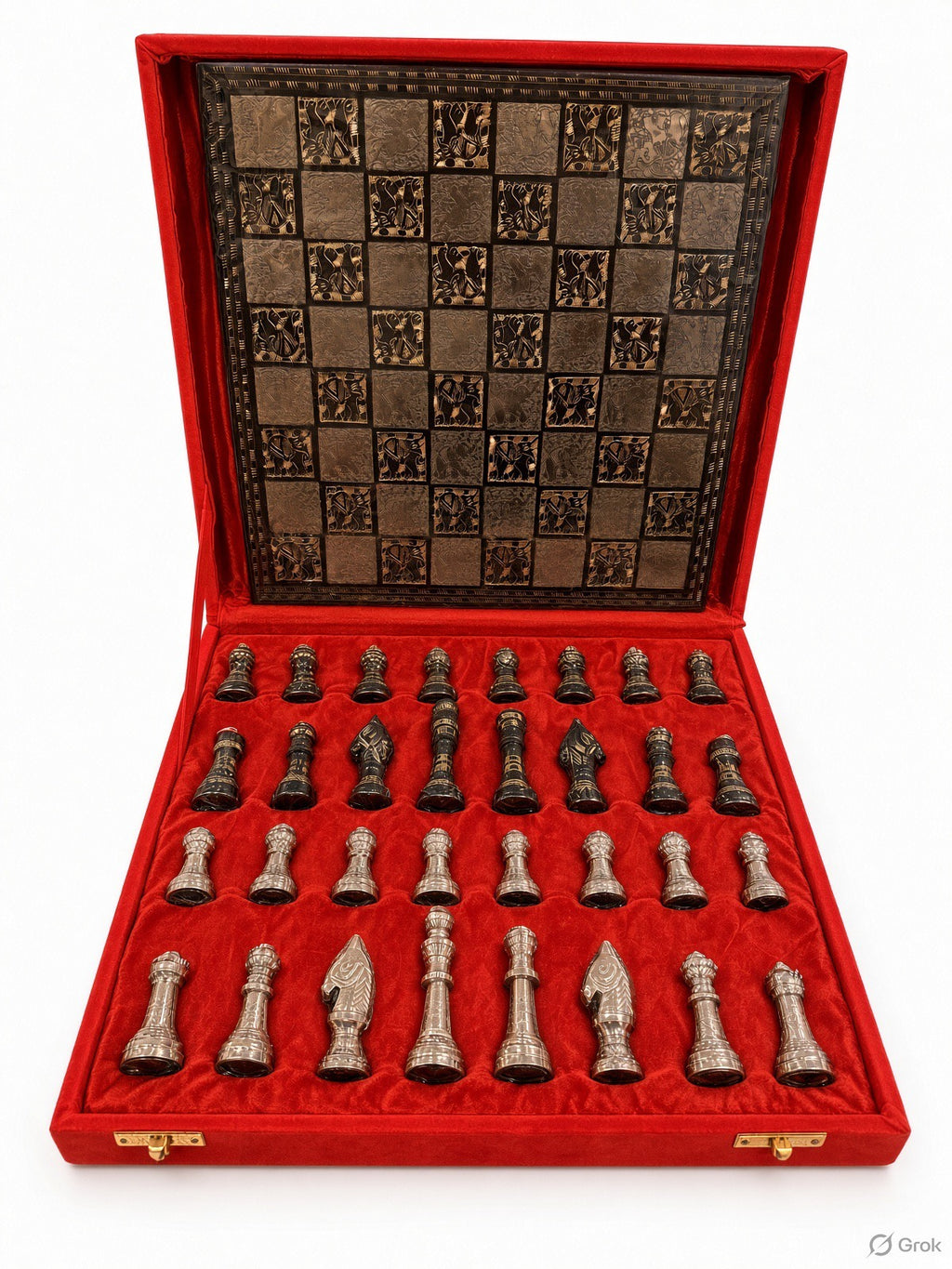 Premium Decorative Metallic Chess Set with Luxury Red Velvet Gift Box
