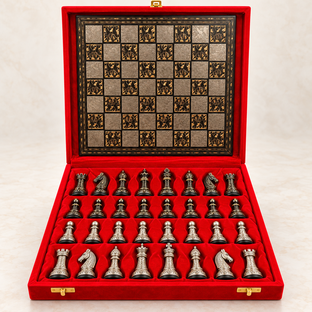 Premium Decorative Metallic Chess Set with Luxury Red Velvet Gift Box