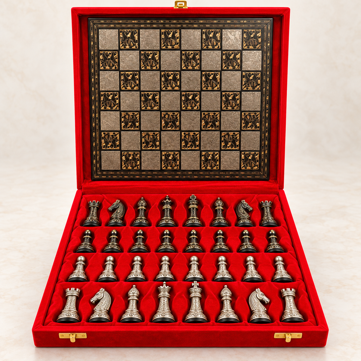 Premium Decorative Metallic Chess Set with Luxury Red Velvet Gift Box